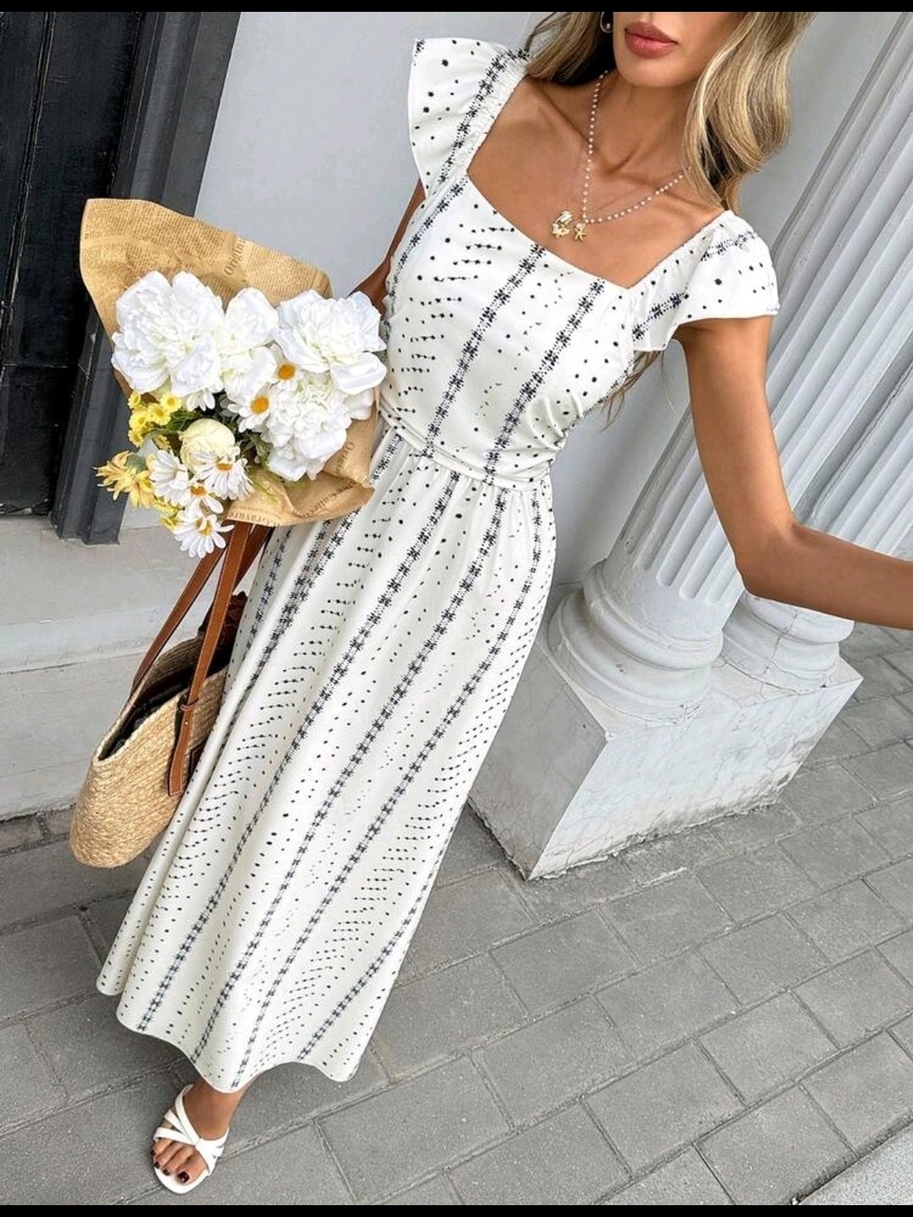 White Square-Neck Maxi Dress with Subtle Stripe Print NWOT - Picture 4 of 4